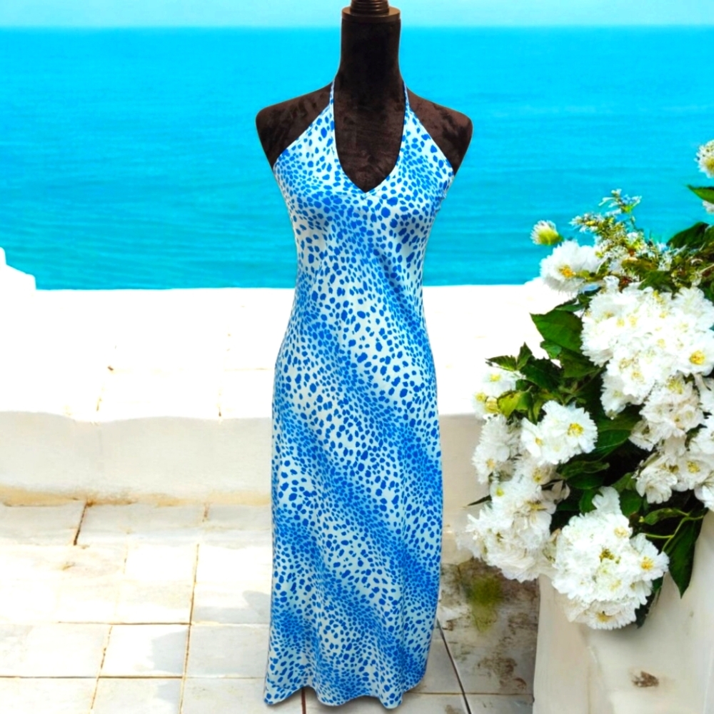 Rare Victoria's Secret Y2K Blue Leopard Maxi Slip Dress Size Small